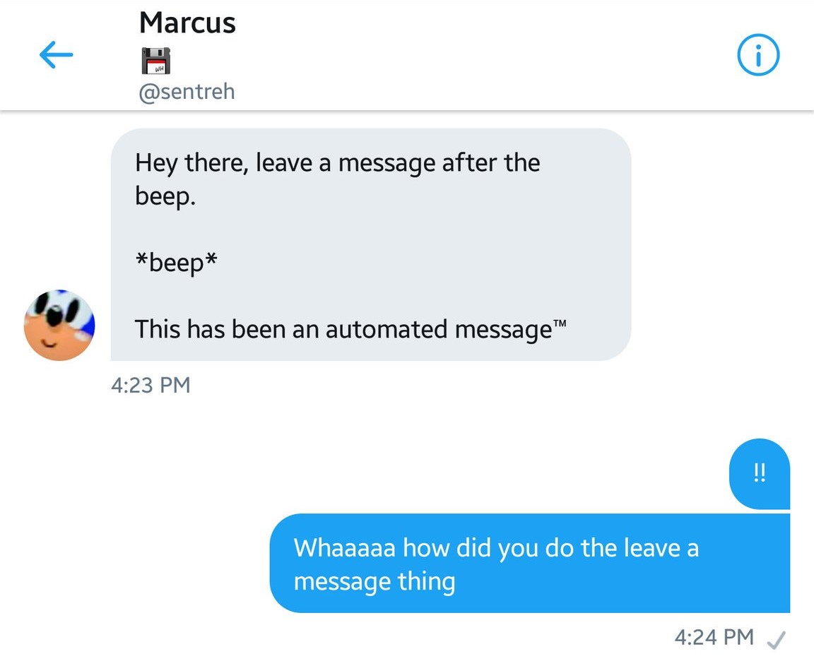 A screenshot of a Twitter direct message. On the left is an automated message from the user. It reads &ldquo;Hey there, lease a message after the beep. This has been an automated message&rdquo;. On the right is a reply from a surprised user who asks how the automated message was created.