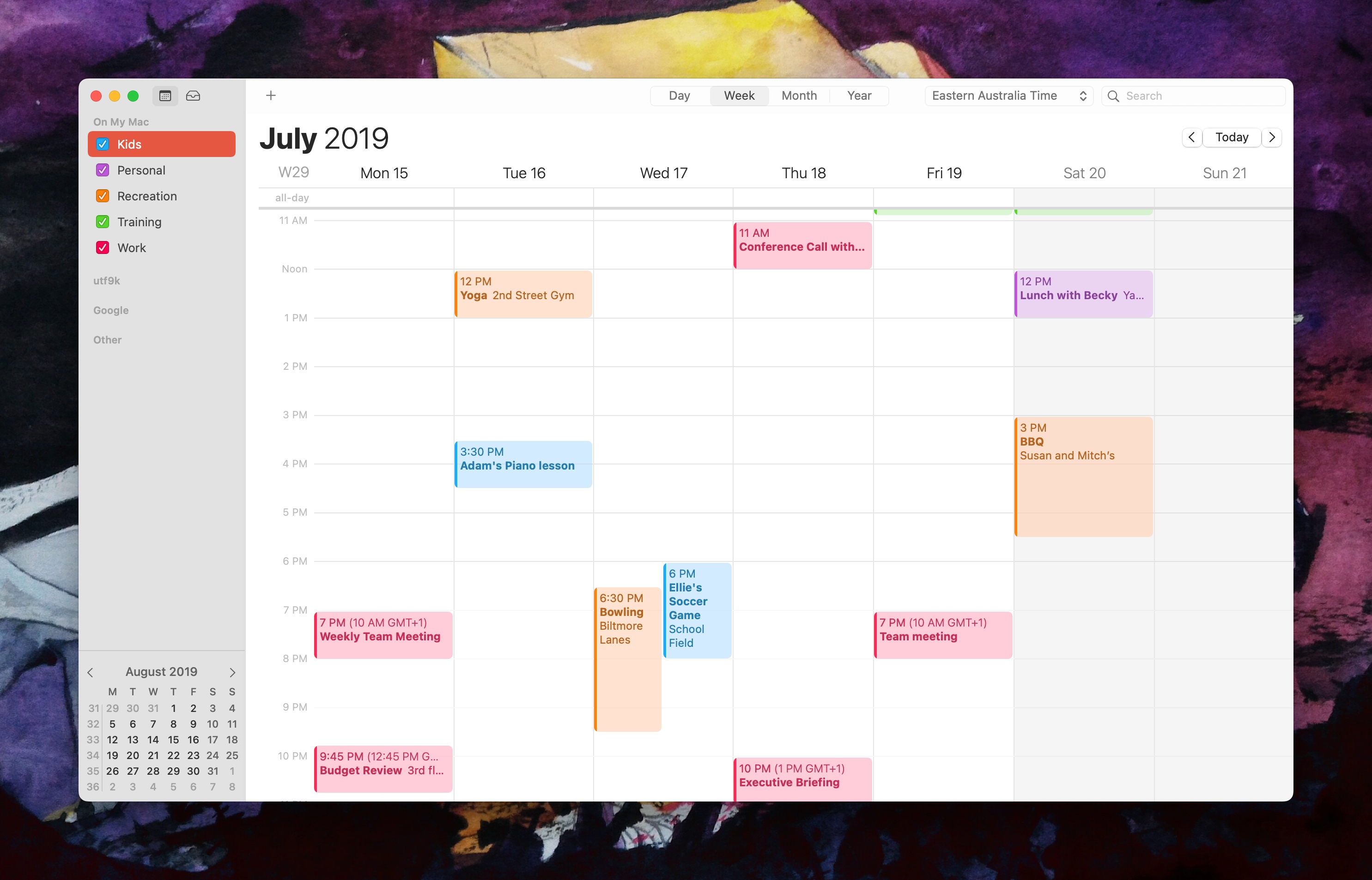A screenshot of the macOS Calendar app visible on the author's computer. 11 events are visible across five different calendars.