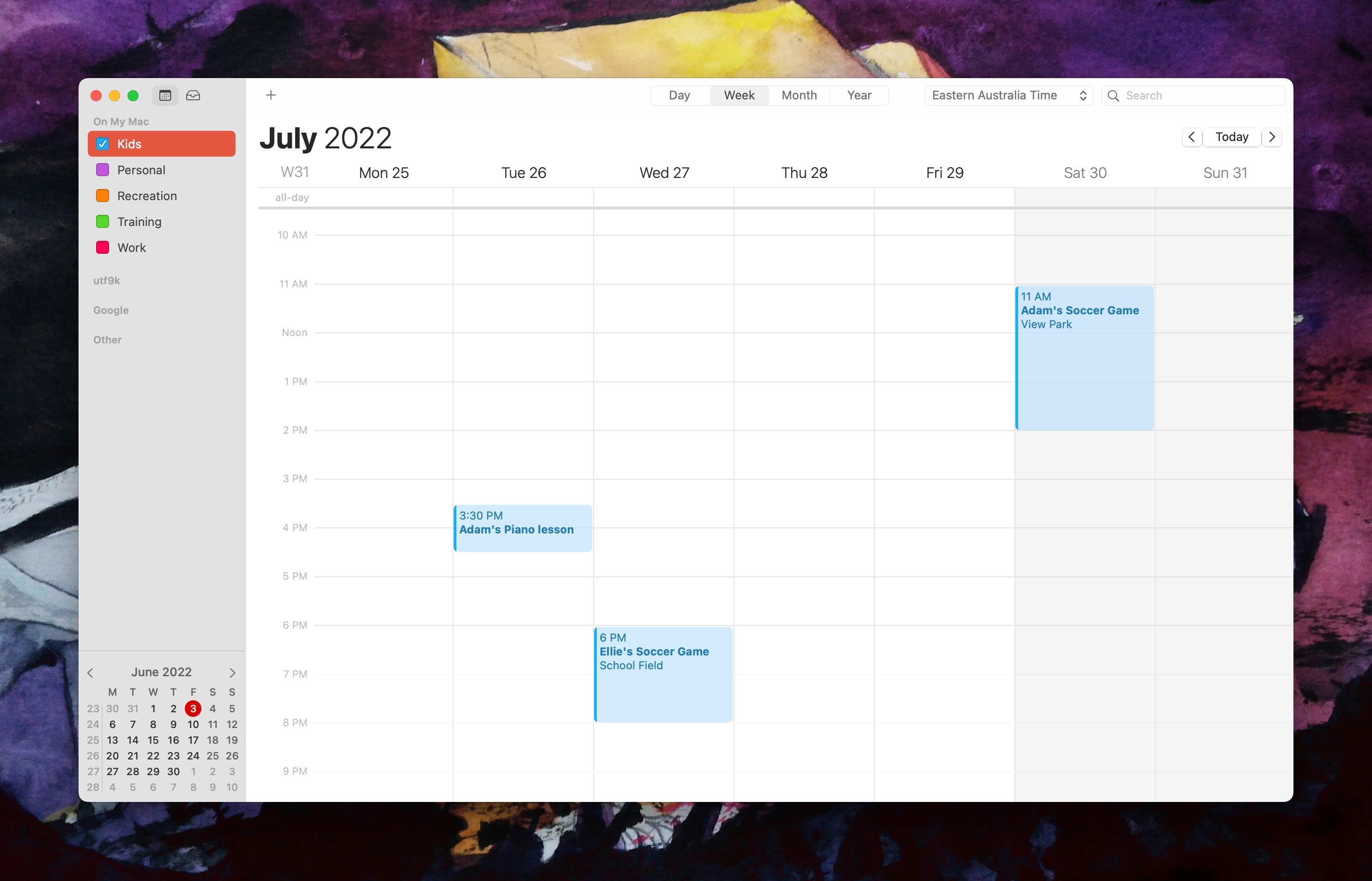 A screenshot of the macOS Calendar app visible on the author's computer. The Kids calendar is selected.