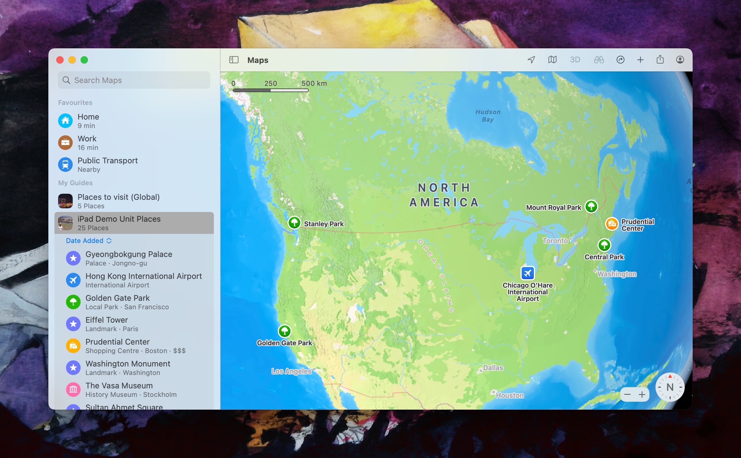 A screenshot of the macOS Maps app. A map collection titled "iPad Demo Unit Places" is selected on the right. Visible in the main window is North America which depicts a number of bookmarked locations.