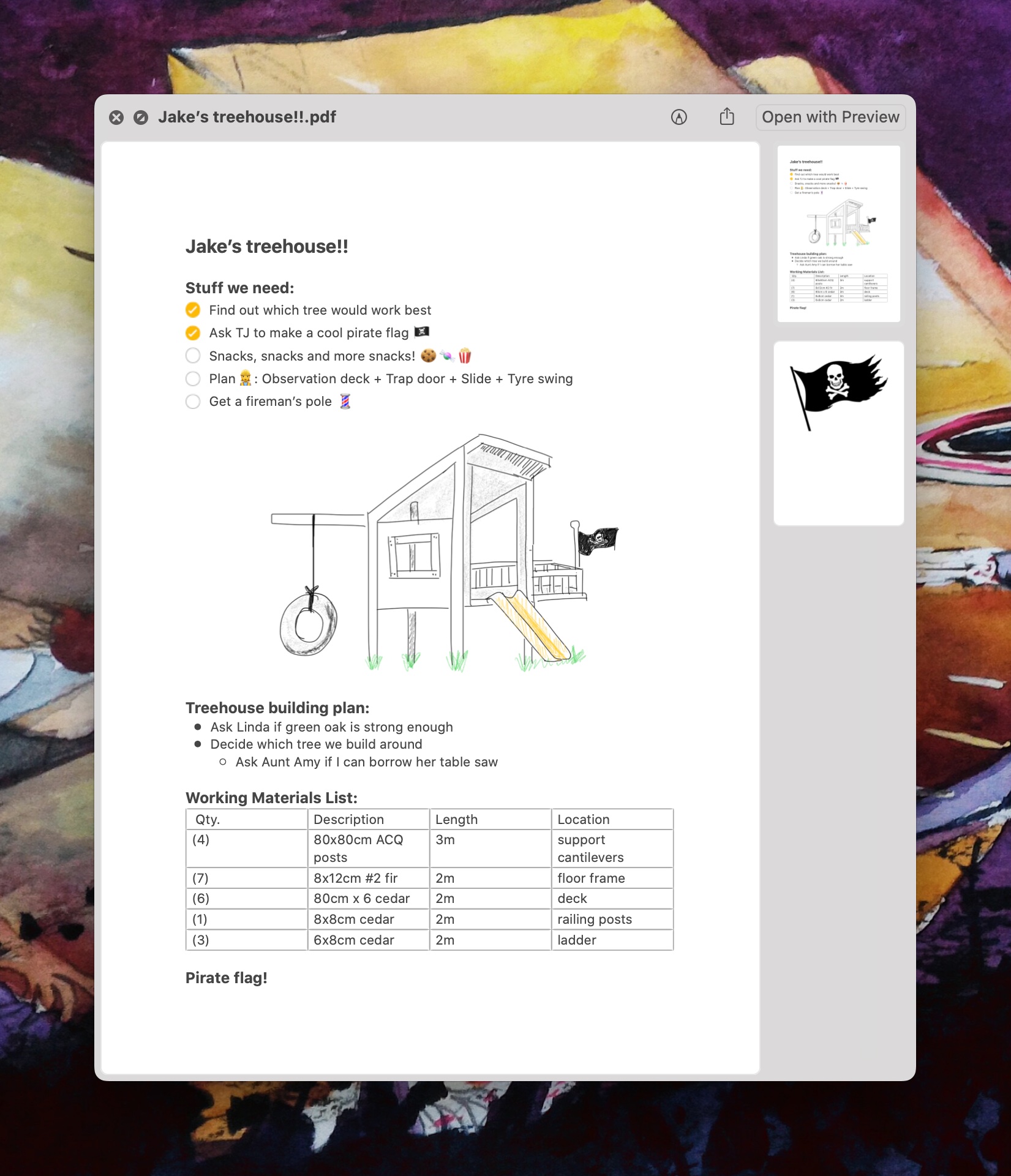 A screenshot of the macOS Preview app showing a PDF. The PDF is an exported Apple Note showing a sketch for a treehouse. The note is titled "Jake's treehouse!!"