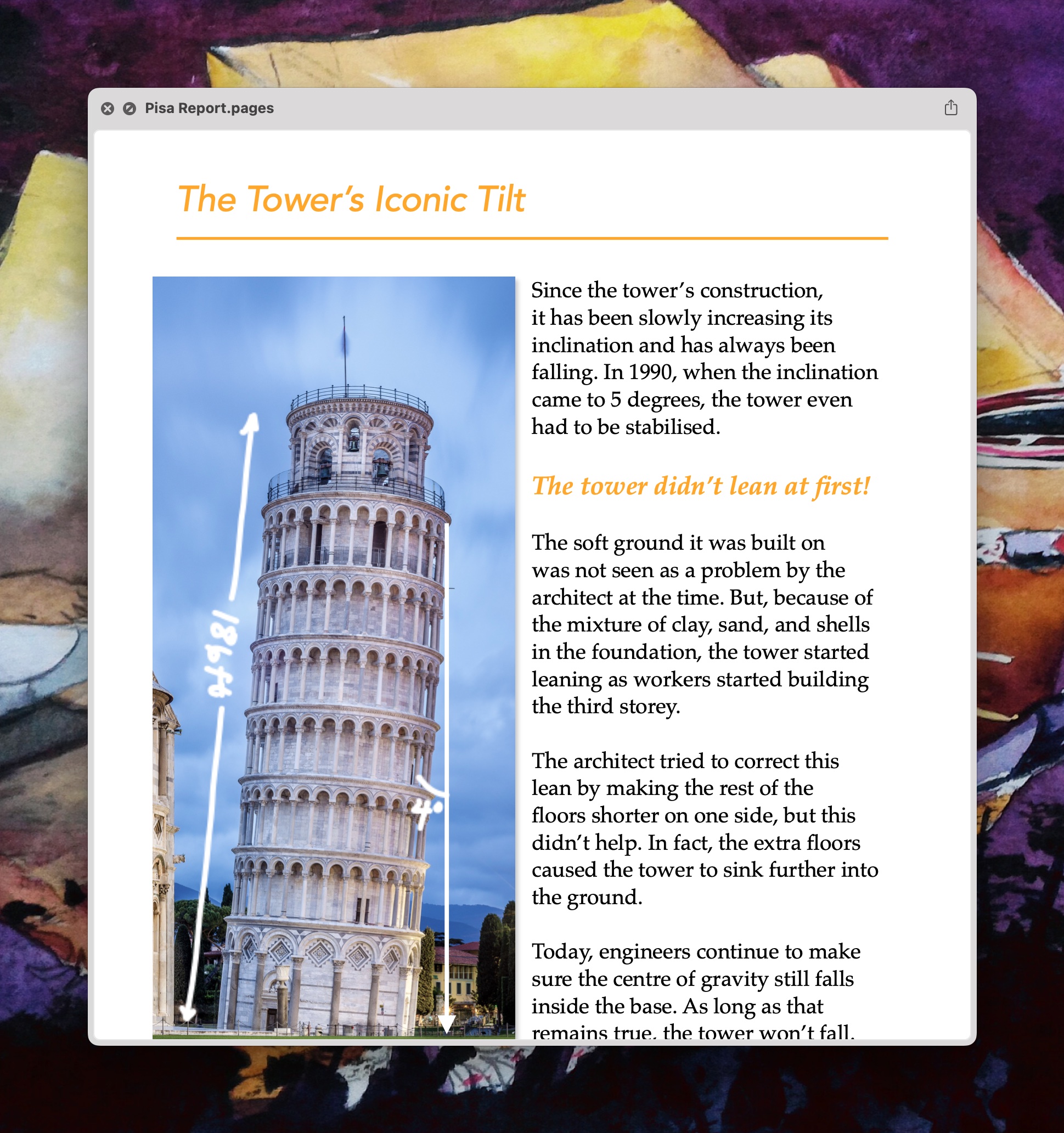 A screenshot of the macOS Preview app displaying a preview of a Pages document. Visible is a page about the Leaning Tower of Pisa. It talks about the history of the tower and how it wasn't always leaning.