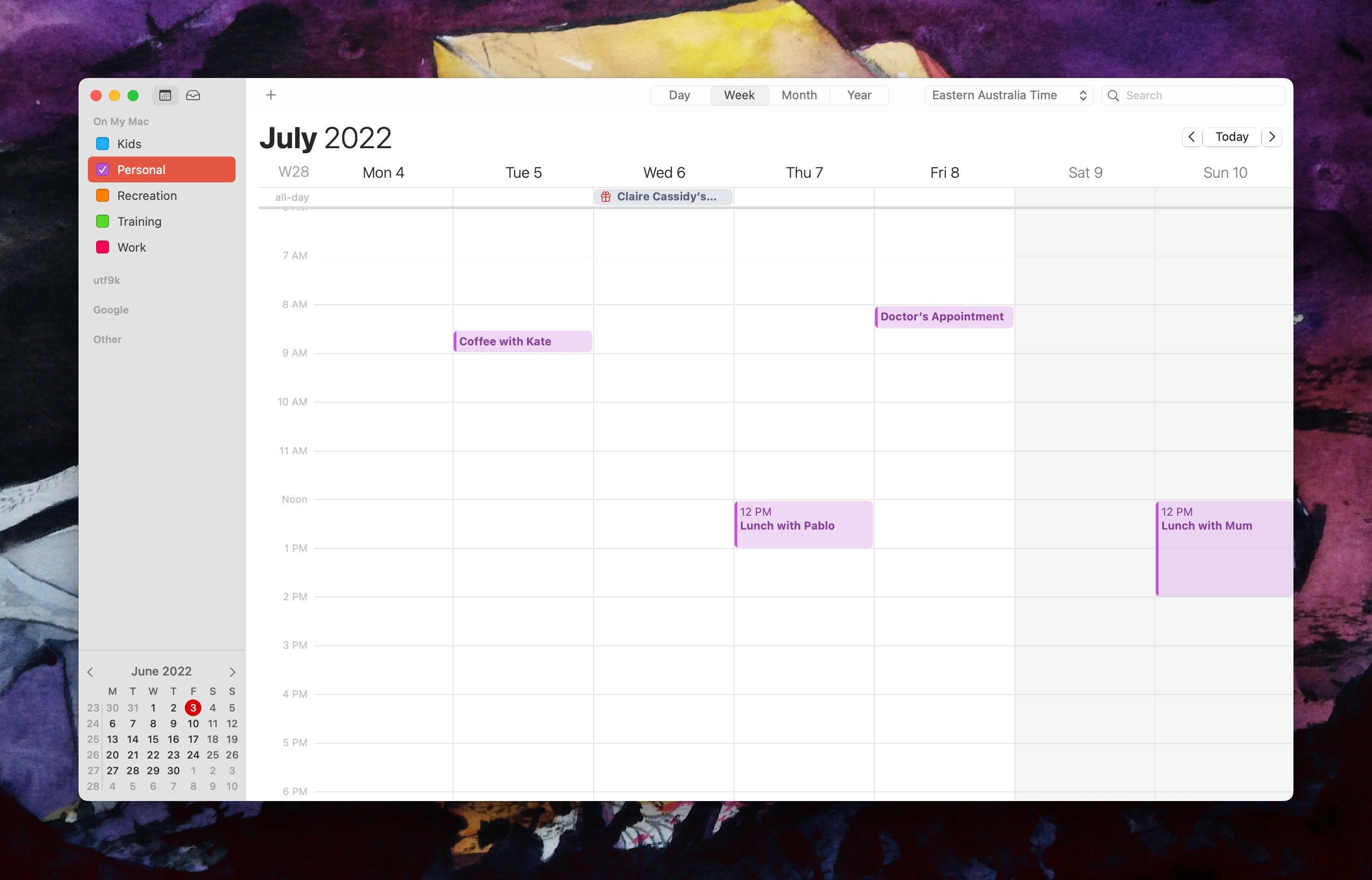 A screenshot of the macOS Calendar app visible on the author's computer. The Personal calendar is selected.