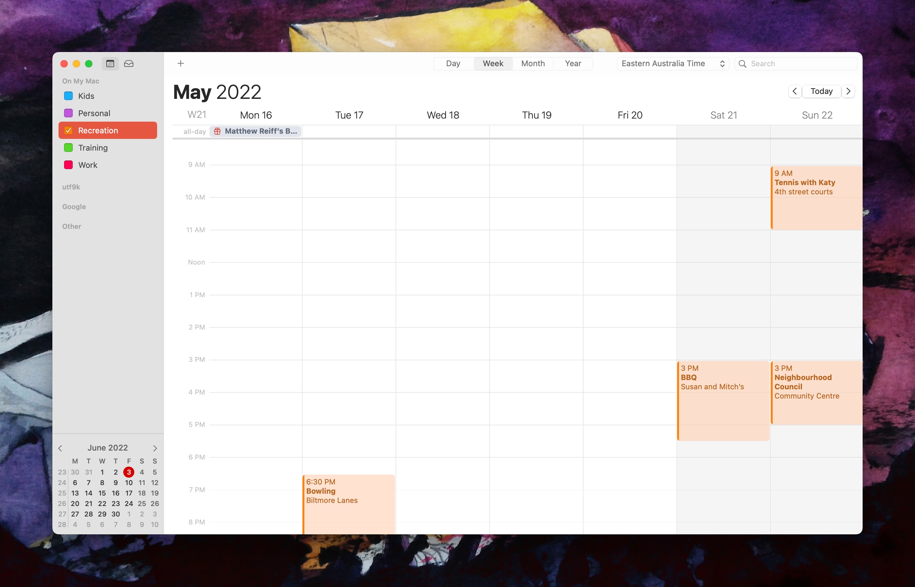A screenshot of the macOS Calendar app visible on the author's computer. The Recreation calendar is selected.