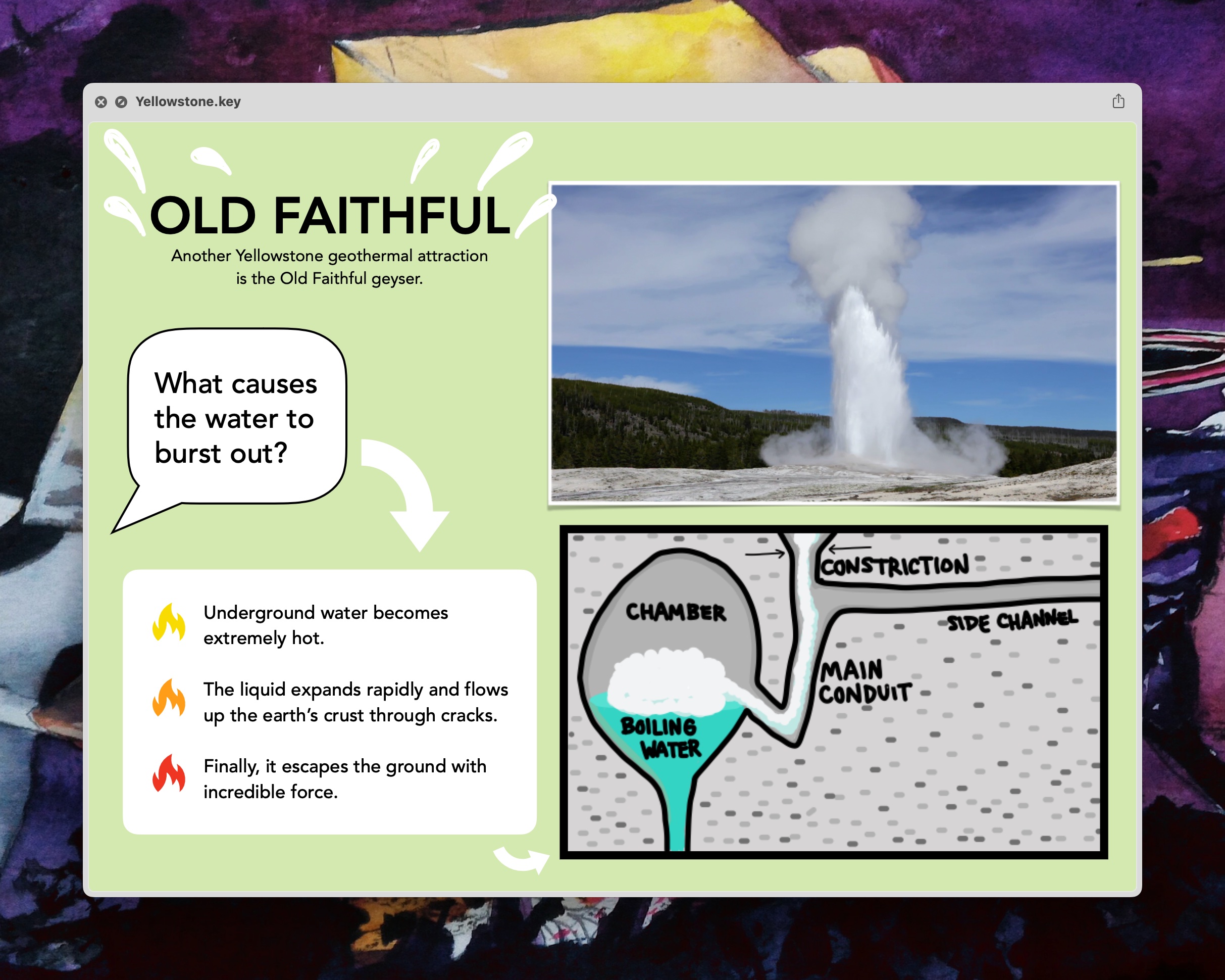 A screenshot of the macOS Preview app displaying a preview of a Keynote slide. Visible is a picture of Old Faithful, a geyser at Yellowstone National Park. The slide talks about what makes geysers spew water.