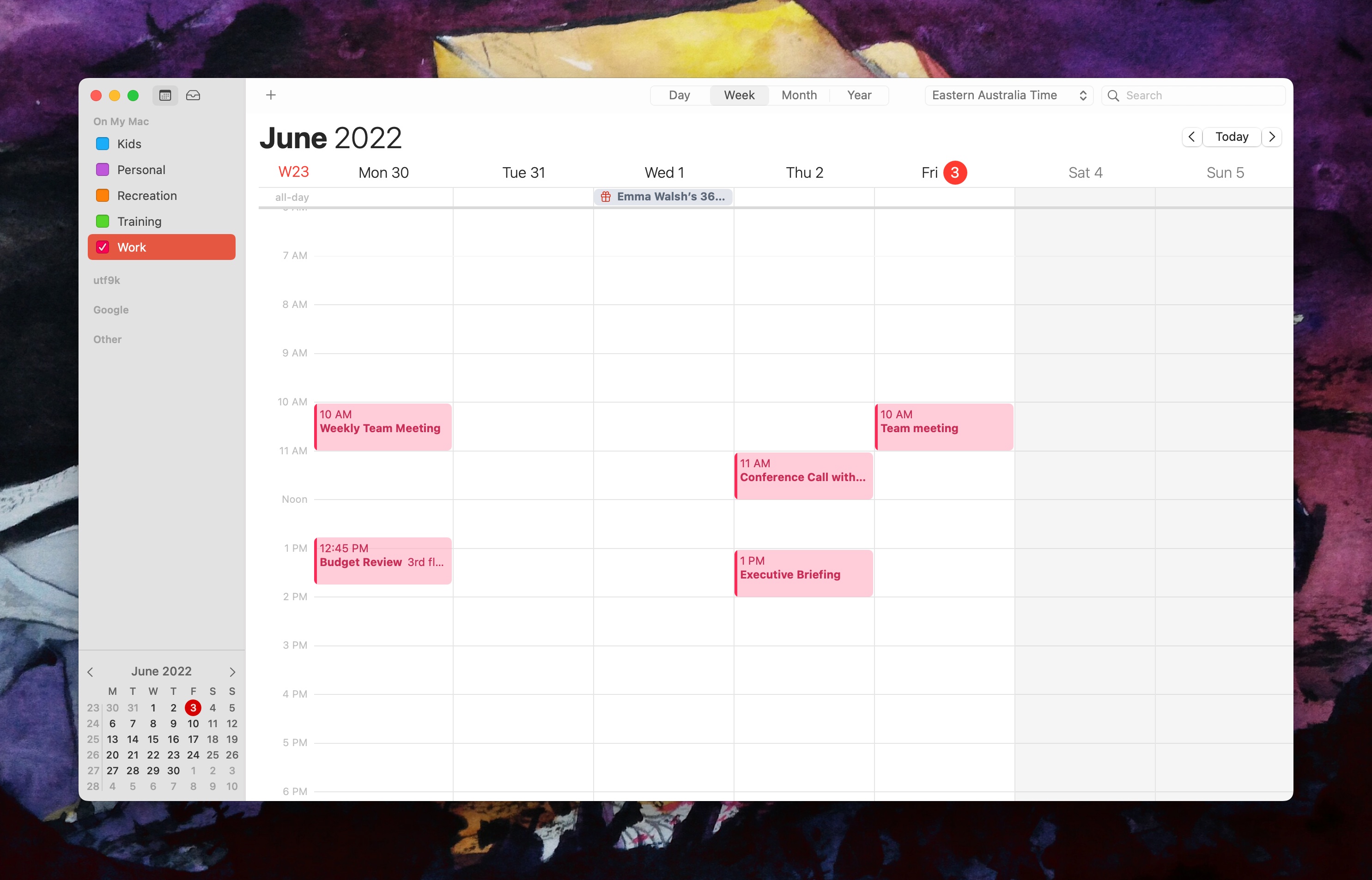 A screenshot of the macOS Calendar app visible on the author's computer. The Work calendar is selected.