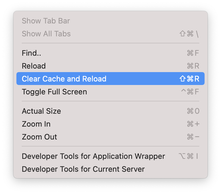 A screenshot of the View menu for Mattermost. It shows a number of options with "Clear cache and Reload" being highlighted. This menu also contained an item called "Developer Tools for Current Server" which we will be accessing later.
