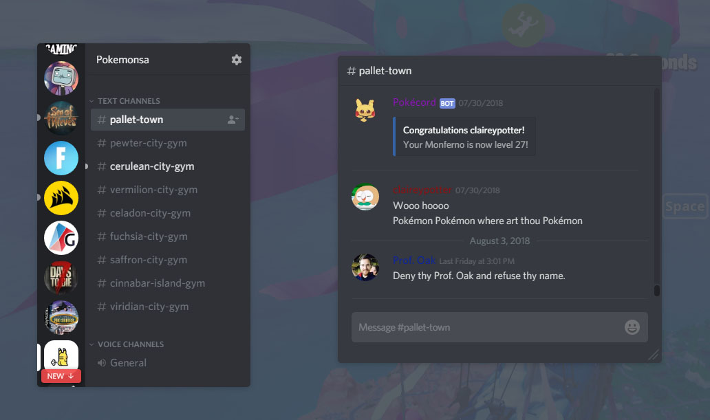 A mock screenshot from the original Discord support pages. It shows a game, possibly Fortnite, in the background obscured by two large windows. The window on the left shows some channels within a Discord server. The window on the right shows the contents of the selected channel, called #pallet-town.