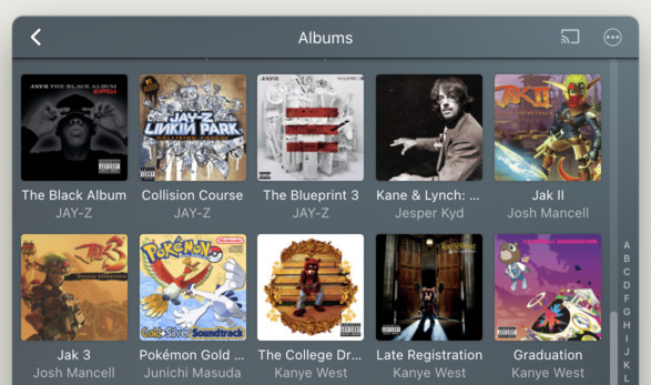 A cropped image of the Plexamp macOS application is visible. It is open to the albums page with displays the cover art for a number of albums. Visible are a few Jay-Z albums, the Kane &amp; Lynch OST, the OSTs for Jak 2 and 3, a Pokemon OST and three Kanye West albums.