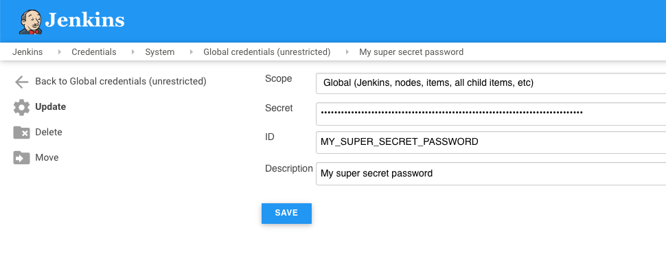 A screenshot of the Jenkins UI progressed from the previous image. Metadata about the selected credential are visible such as scope, ID and description. There is a secret field but it just contains dots like any normal password field does, rather than the actual password text.