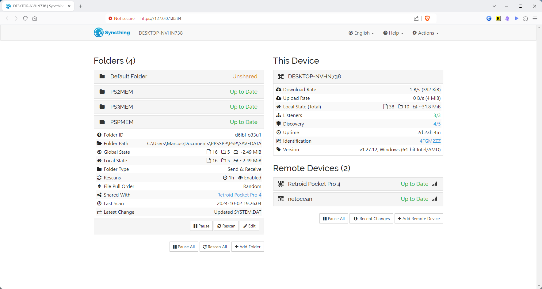 A screenshot of the Syncthing GUI running on a Windows desktop. Visible are shared folders for PS2, PS3 and PSP save directories.