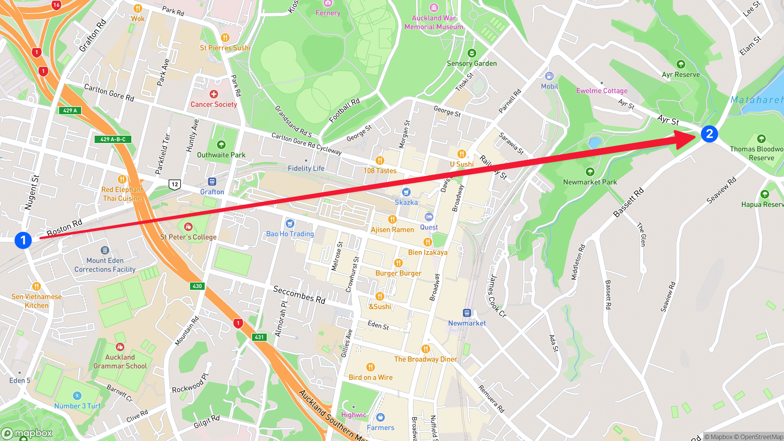 A Mapbox map layer showing Newmarket, Auckland, New Zealand. There are two numbered points on opposite sides of the map with a line going straight from one to the other.