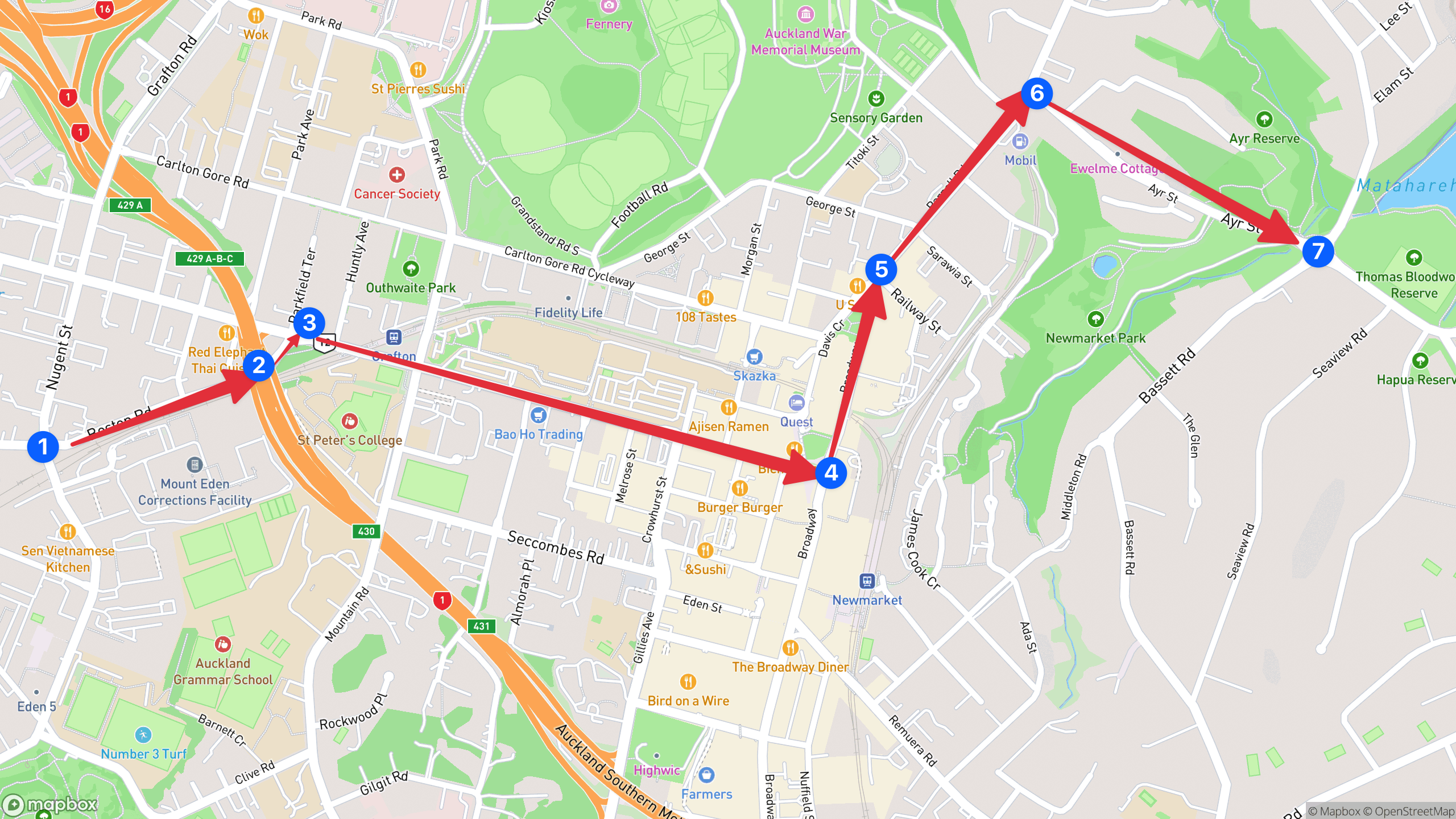 A Mapbox map layer showing Newmarket, Auckland, New Zealand. There are many numbered points, each at main intersections of the map with lines joining between them. It roughly follows the path that a car might drive.