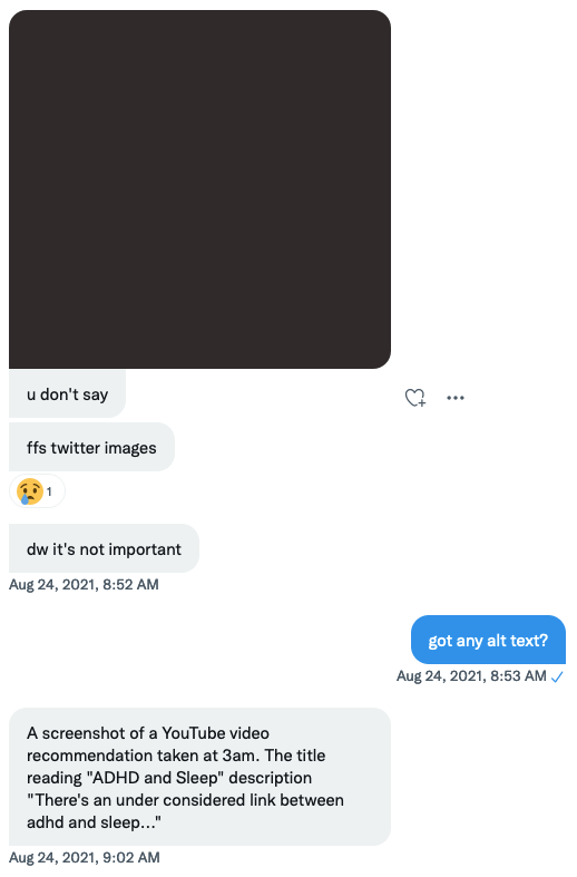 A Twitter direct message where the author receives an image that fails to load, asks "got any alt text?" and the other person responds with an accessibility style description of what is in the image. The tone of the interaction is one of lighthearted humour.