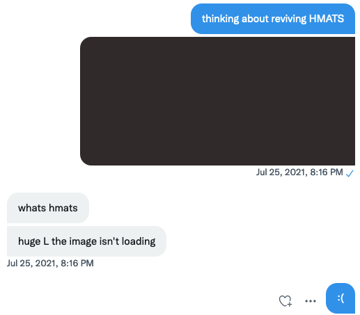 A Twitter direct message where the author posts an image that fails to load and the recipient says "huge L the image isn't loading".