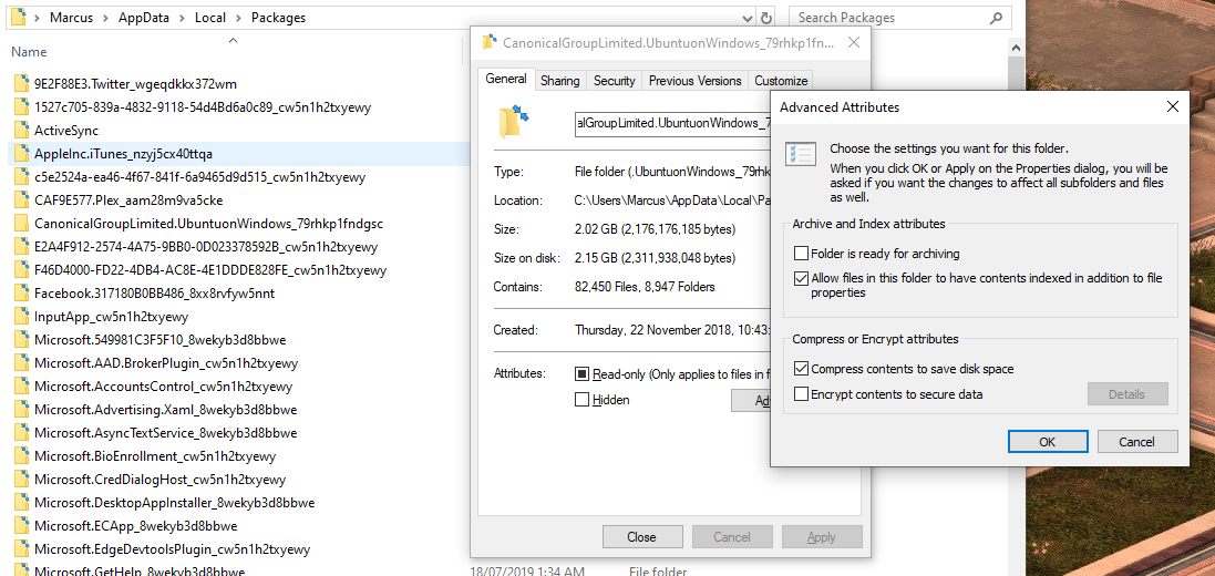 A screenshot showing Windows Explorer. It is open to C:/Users/Marcus/AppData/Local/Packages. A folder is highlighted to indicate it was recently clicked on. The properties window for that folder is visible showing metadata. Overlaying the properties window is the Advanced Attributes window where a checkbox labelled 'Compress contents to save disk space' is checked. The author is showing that you should uncheck that box to fix the issue described in this post.