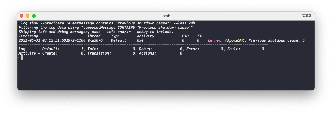 An iTerm2 window showing the results of the command mentioned above. There is one result for a previous shutdown with the cause code of 5. This indicates a normal shutdown.
