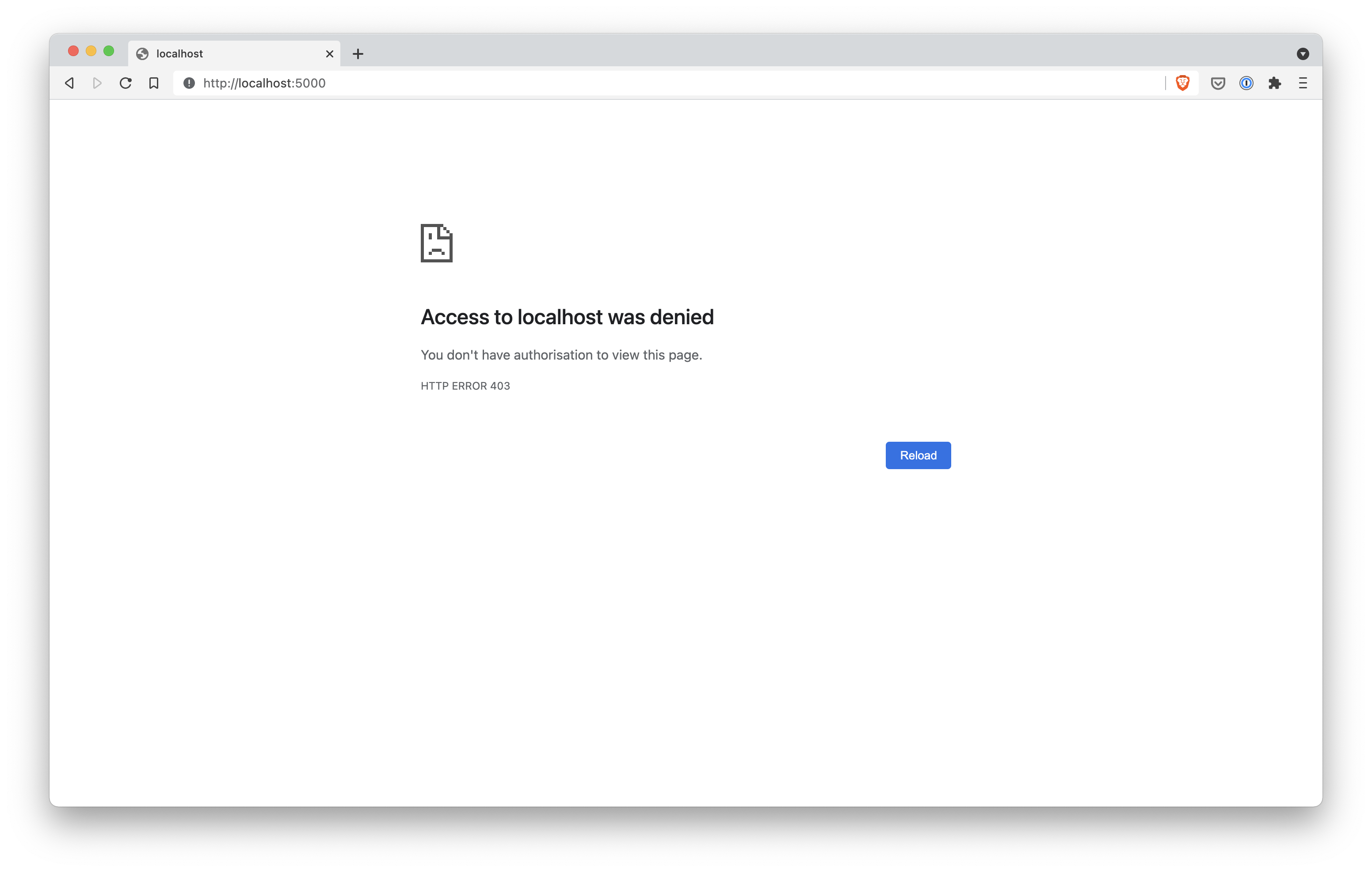 A Brave browser window showing 403 Forbidden when trying to view localhost port 5000
