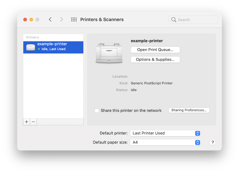 A screenshot of the macOS System Preferences pane for printing. It shows one registered printer on the left called example-printer which is sitting idle. It has the type Generic PostScript Printer. Nothing here indicates the queue name.