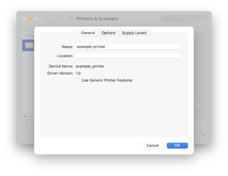 A screenshot of the macOS System Preferences pane. It has the settings window open for the printer from earlier called example-printer. There are only a few piece of information such as device name and driver version which are not helpful at all. There is only a single interactive checkbox with the label Use Generic Printer Features with no description of what that means. There is still nothing to indicate the queue name we are looking for.